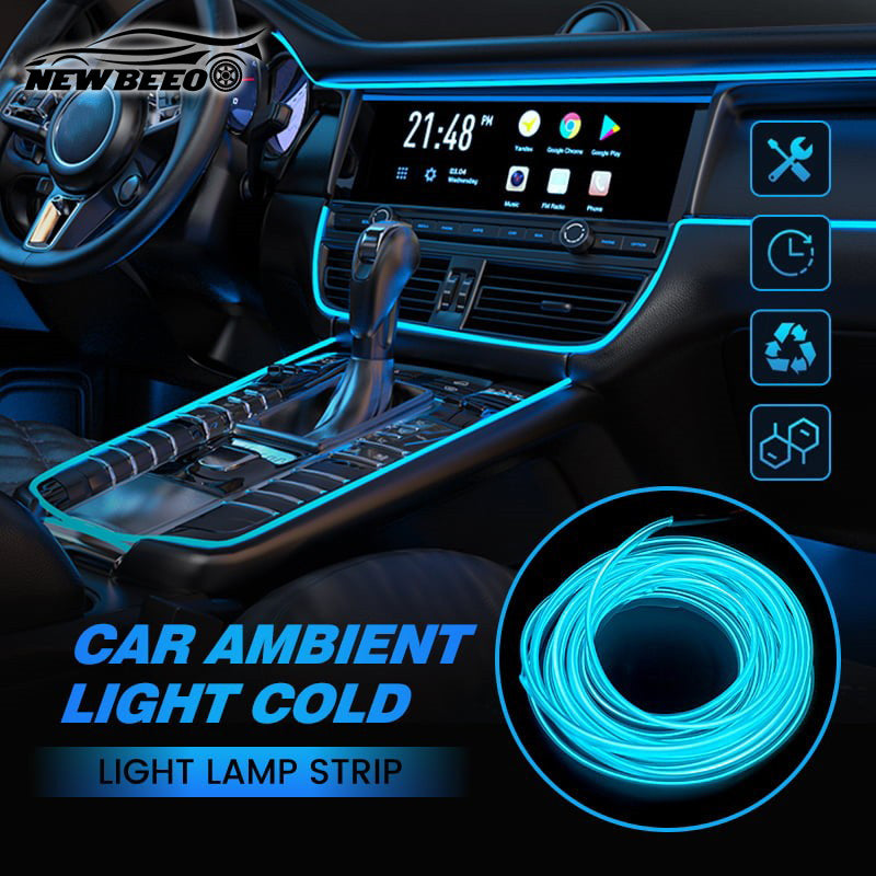 Car interior ambient LED light strip kit with blue illuminated dashboard