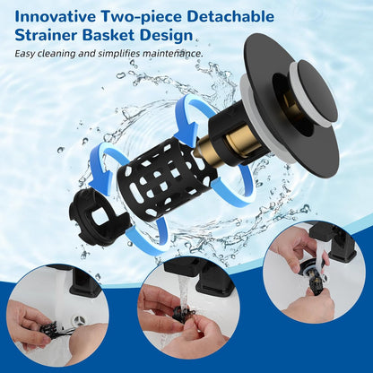 Hibbent Upgraded 3-in-1 Sink Drain Filter, Universal Pop-Up Stopper, Removable Stainless Steel Basket-Shaped Hair Catcher, Sink Stopper for 2.8–5.9 cm, Brass Cartridge, Matte Black
