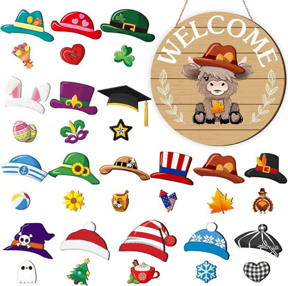 🐇SPRING 2026 HOT SELLER💥Highland Cow Sign Interchangeable Welcome Sign with Magnet Detachable Hats Cute Cattle Hanging