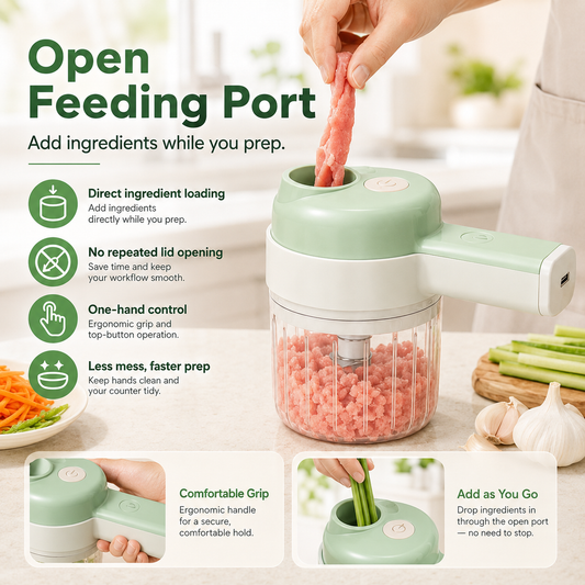 🏆 LIMITED-TIME 50% OFF! 🥕4‑in‑1 Handheld Electric Food Chopper‑ USB Rechargeable Mini Blender with Open Feeding Port, Portable Wireless Processor for Vegetables, Meat & Garlic