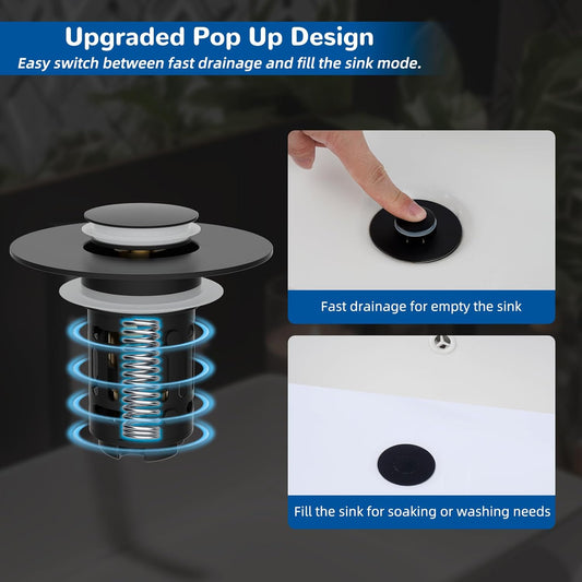 Hibbent Upgraded 3-in-1 Sink Drain Filter, Universal Pop-Up Stopper, Removable Stainless Steel Basket-Shaped Hair Catcher, Sink Stopper for 2.8–5.9 cm, Brass Cartridge, Matte Black