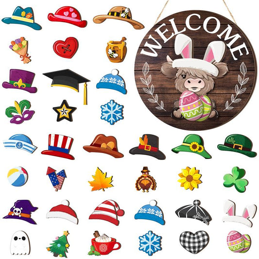 🐇SPRING 2026 HOT SELLER💥Highland Cow Sign Interchangeable Welcome Sign with Magnet Detachable Hats Cute Cattle Hanging