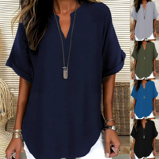 👚60% OFF! 🔥Fashion Loose Short Sleeve Top – Notched V-Neck, Asymmetrical Hem & Lightweight Fabric (5 Colors, S–2XL) 👕🌸