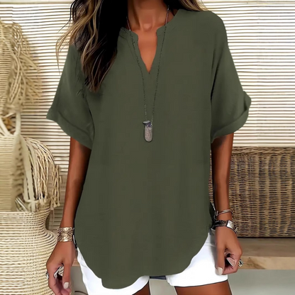 👚60% OFF! 🔥Fashion Loose Short Sleeve Top – Notched V-Neck, Asymmetrical Hem & Lightweight Fabric (5 Colors, S–2XL) 👕🌸