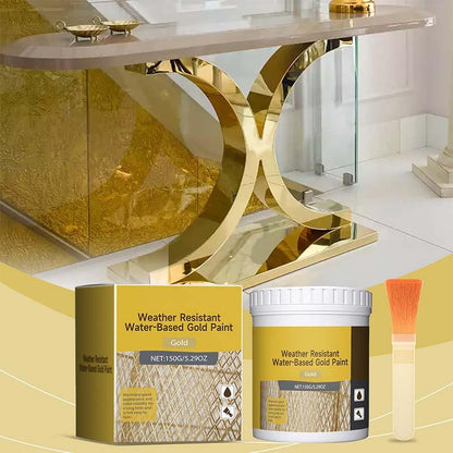 🎨🏡Gold Leaf Effect Paint Set – Water-Based, Weather-Resistant Metallic Gold Paint with Brush, Ideal for Furniture, Decor & Outdoor DIY