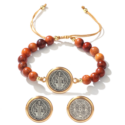 🛡️A Guardian's Companion✨Natural Wooden Bead St. Benedict Bracelet🎁Adjustable, Suitable for Both Men and Women