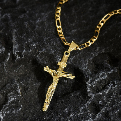 ✝️ 60% OFF! ✨ Gold Crucifix Necklace – Detailed INRI Motif, Adjustable Figaro Chain & Sparkling Finish 💛