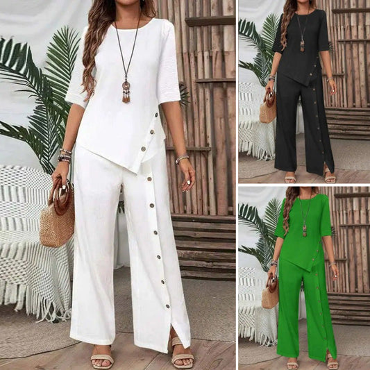Irregular Two-Piece Set 👗: Asymmetrical Top + Single-Row Button Trousers — Loose & Breathable 🛍️