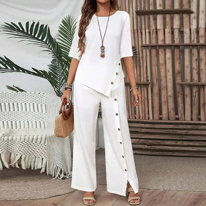 Irregular Two-Piece Set 👗: Asymmetrical Top + Single-Row Button Trousers — Loose & Breathable 🛍️