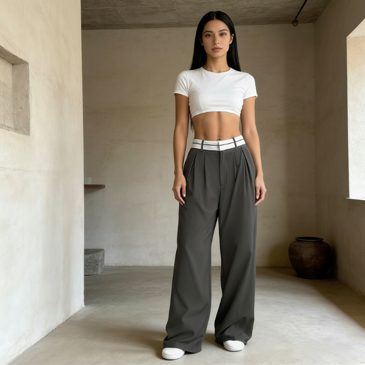 Stylish wide-leg pants 💃 Color-blocked waistband + high waistline ✨ Perfect for work or shopping 👜