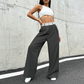 Stylish wide-leg pants 💃 Color-blocked waistband + high waistline ✨ Perfect for work or shopping 👜
