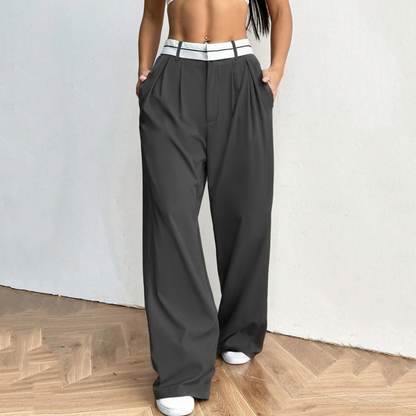 Stylish wide-leg pants 💃 Color-blocked waistband + high waistline ✨ Perfect for work or shopping 👜