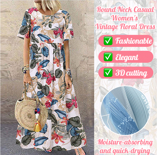 Retro floral print maxi dress 🌼 Round neck, short sleeves, loose and flowing, makes you look like you've stepped out of a garden 🌿