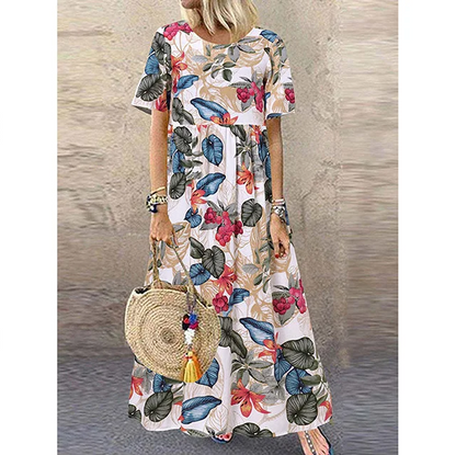 Retro floral print maxi dress 🌼 Round neck, short sleeves, loose and flowing, makes you look like you've stepped out of a garden 🌿