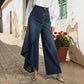 Asymmetrical wrap jeans 👖 Combining culottes and pants, high-waisted to elongate legs, wide-leg and flowy, with diagonally arranged buttons—instantly transform into a fashionista! ✨