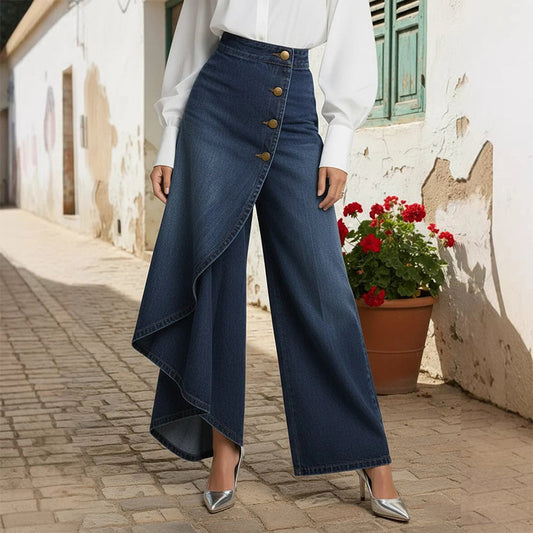 Asymmetrical wrap jeans 👖 Combining culottes and pants, high-waisted to elongate legs, wide-leg and flowy, with diagonally arranged buttons—instantly transform into a fashionista! ✨
