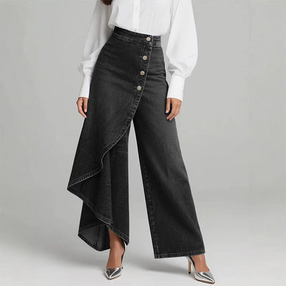 Asymmetrical wrap jeans 👖 Combining culottes and pants, high-waisted to elongate legs, wide-leg and flowy, with diagonally arranged buttons—instantly transform into a fashionista! ✨