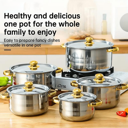Five-piece cookware set 🍲 All you need for stewing, boiling, and stir-frying. Thickened stainless steel, transparent lid, gold handle. Suitable for all types of stovetops 🔥