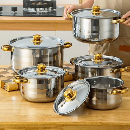 Five-piece cookware set 🍲 All you need for stewing, boiling, and stir-frying. Thickened stainless steel, transparent lid, gold handle. Suitable for all types of stovetops 🔥
