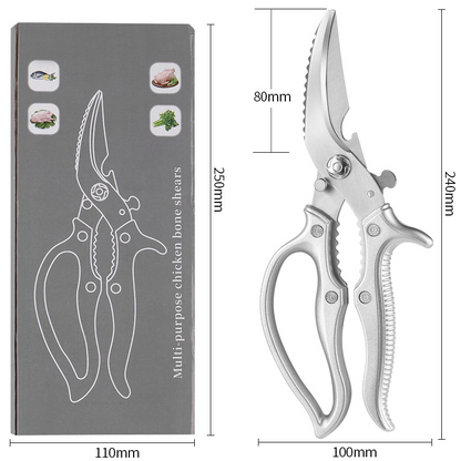 Multi-functional kitchen scissors 🍗 One blade, multiple uses: fish scaler + walnut cracker + bottle opener. Serrated edges for a non-slip grip. Features a safety lock to prevent cuts. ✂️