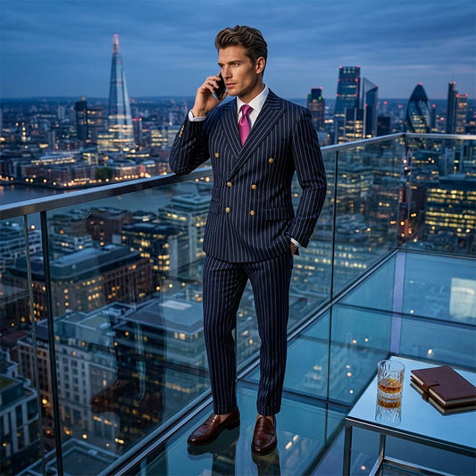 Men's pinstripe suit 👔 Visually slimming and elongating, double-breasted with peak lapel, slim fit 💼 Suitable for business and weddings 🏆