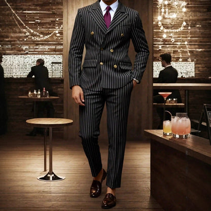 Men's pinstripe suit 👔 Visually slimming and elongating, double-breasted with peak lapel, slim fit 💼 Suitable for business and weddings 🏆