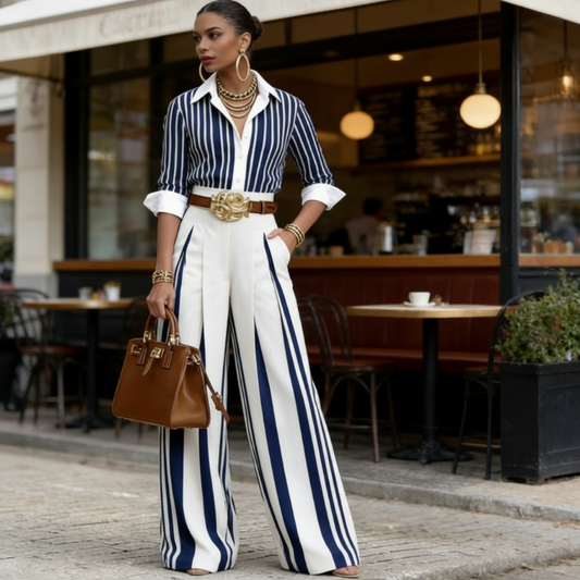 🎁New items 60% off💥Striped shirt and wide-leg trousers set – comfortable & stylish for everyday wear
