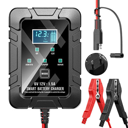 🔋⚡ Smart Battery Charger | Automatic Voltage Detection · Smart Overcharge Protection · Pulse Repair · Multiple Safety Features · LCD Display