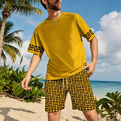 👕 50% OFF! 💛 Men's yellow graphic print short-sleeve workout set – Comfortable, sporty, and perfect for workouts and leisure – Pilling-resistant & breathable cotton 🔥