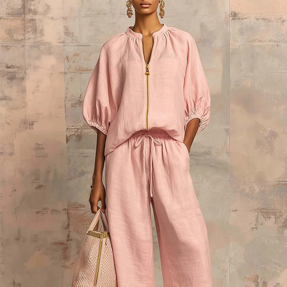 👚 50% OFF! 👖 Women's Solid Color 2-Piece Casual Tracksuit Set-Puff Sleeve, Wide Leg, Zipper Detail ✨