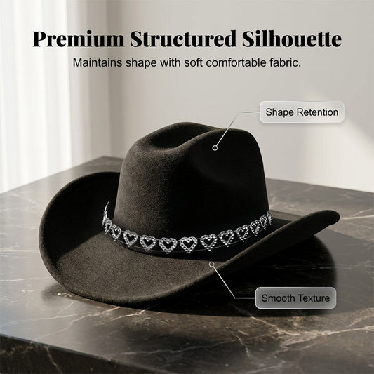 🤠 50% OFF NOW! 💖 Women's Rhinestone Heart Cowboy Hat – Elegant French jazz fedora – Sparkly detail, lightweight & adjustable – perfect for festivals, parties or chic summer style 🎶