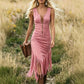 👗Retro Western Cowgirl Sleeveless Slim Midi Dress, Front Zipper Fringe Hem Vintage Suede-Look Bodycon Dress for Country Concert Vacation