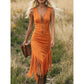 👗Retro Western Cowgirl Sleeveless Slim Midi Dress, Front Zipper Fringe Hem Vintage Suede-Look Bodycon Dress for Country Concert Vacation