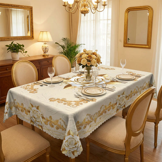 🌹 50% OFF NOW! ✨ Waterproof Gold Rose Tablecloth – Embossed design, stain-resistant & elegant – Perfect for dining, parties & special occasions 🍽️