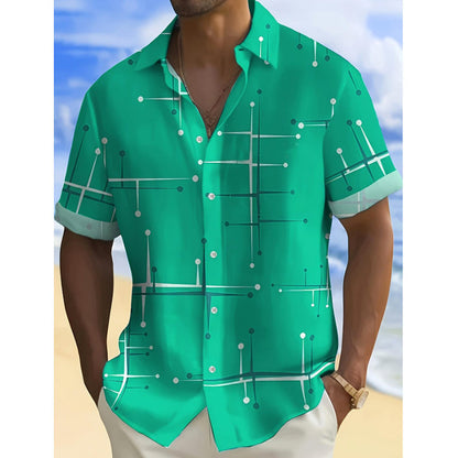 ☀️👔Men’s Geometric Print Relaxed-Fit Button-Down Shirt – Soft Summer Feel, Roomy Comfort & Vacation-Ready Style✨