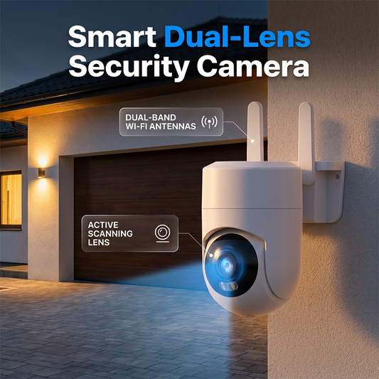 📹 Smart Dual-Lens Security Camera | Dual-Lens Precise Human Detection · 360° Panoramic View · IP66 Weatherproof