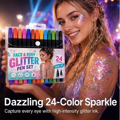 🎨 50% OFF!✨ 24-color glitter marker set with dual tips for face and body, vibrant colors for party makeup⭐